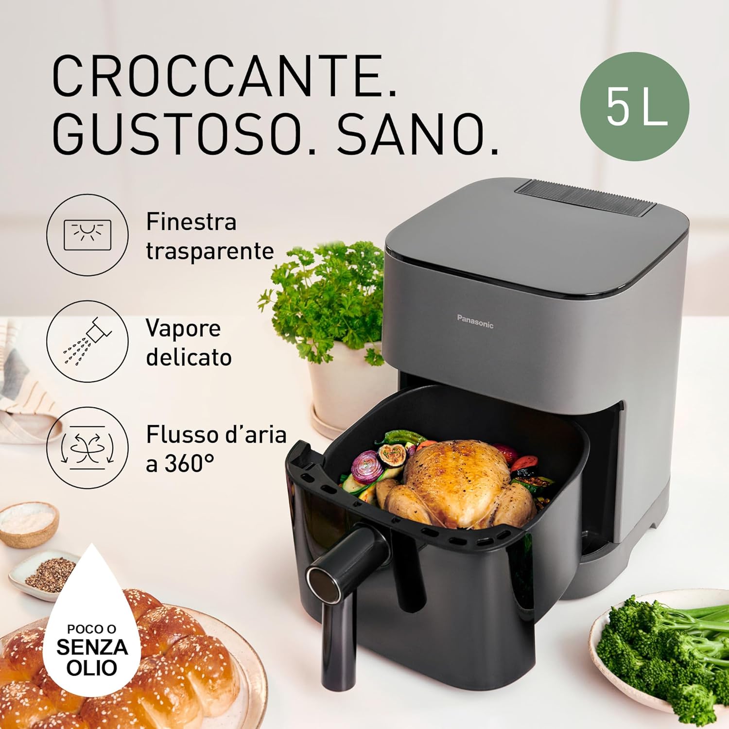 Panasonic Friggitrice ad Aria con Finestra di Ispezione 5L Nero/Grigio NF-CC500SXE